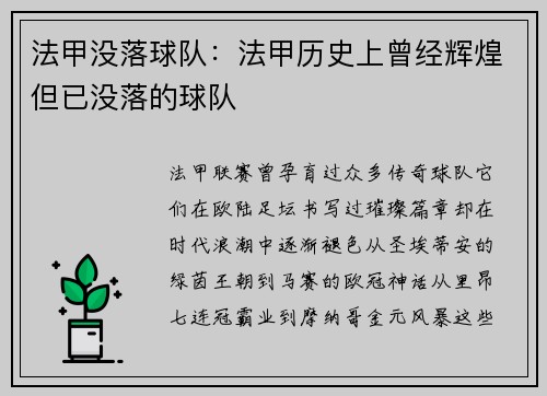 法甲没落球队：法甲历史上曾经辉煌但已没落的球队