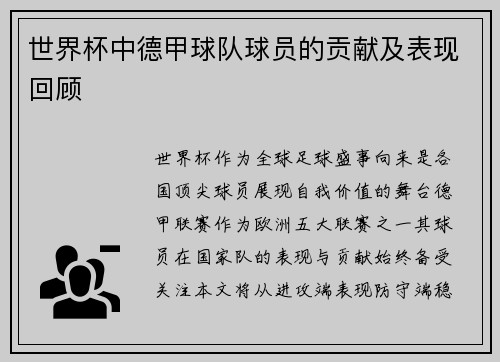 世界杯中德甲球队球员的贡献及表现回顾